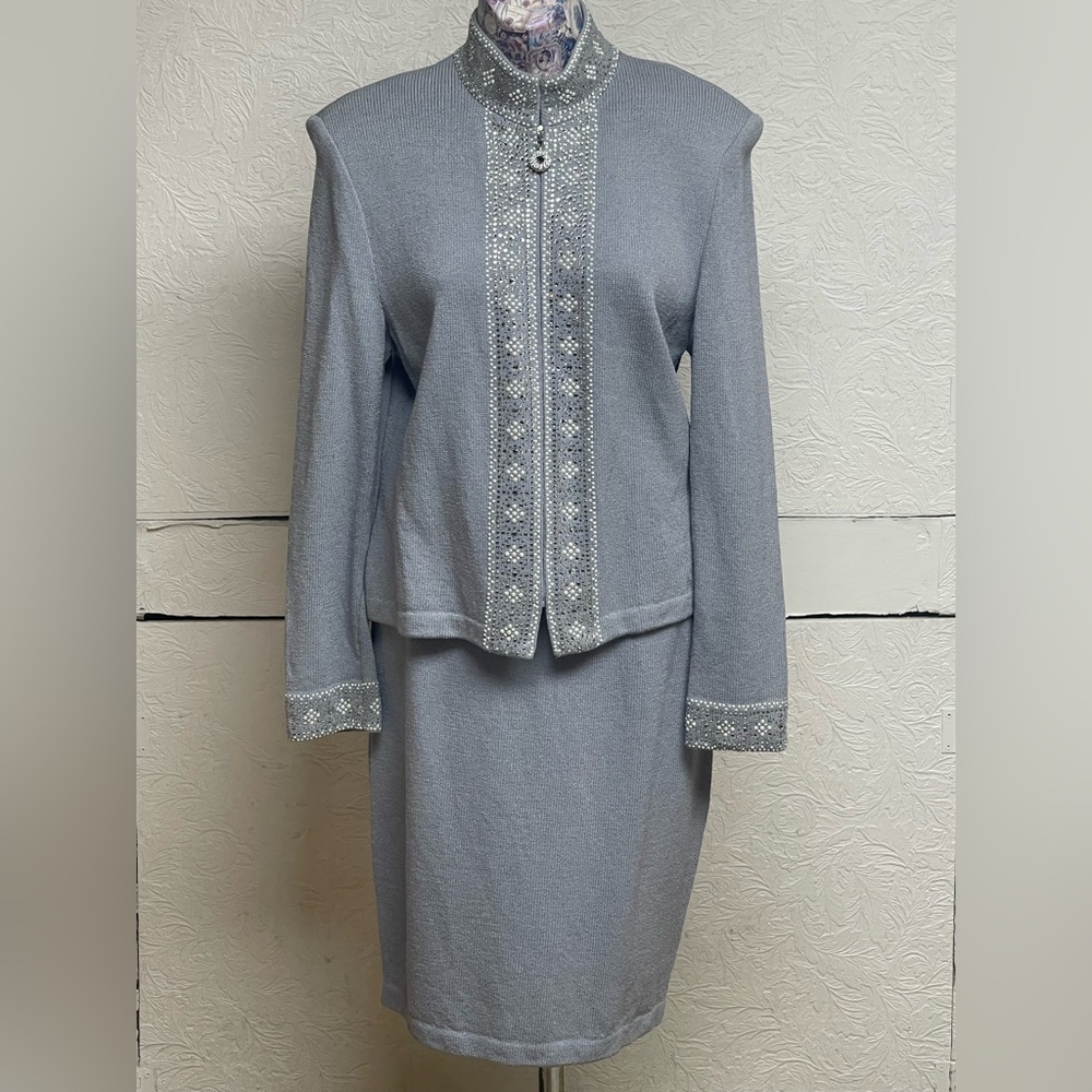 St. John Light Gray Skirt Set with Embellishments